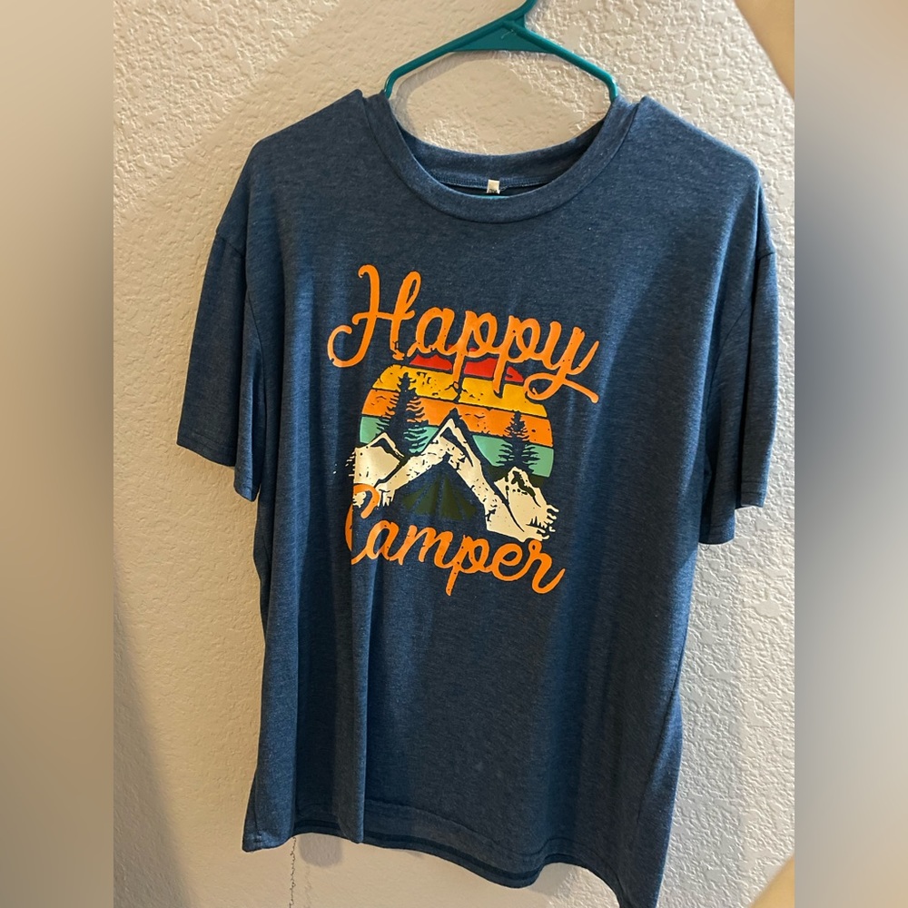 Dark Blue Happy Camper Womans Graphic Tee
